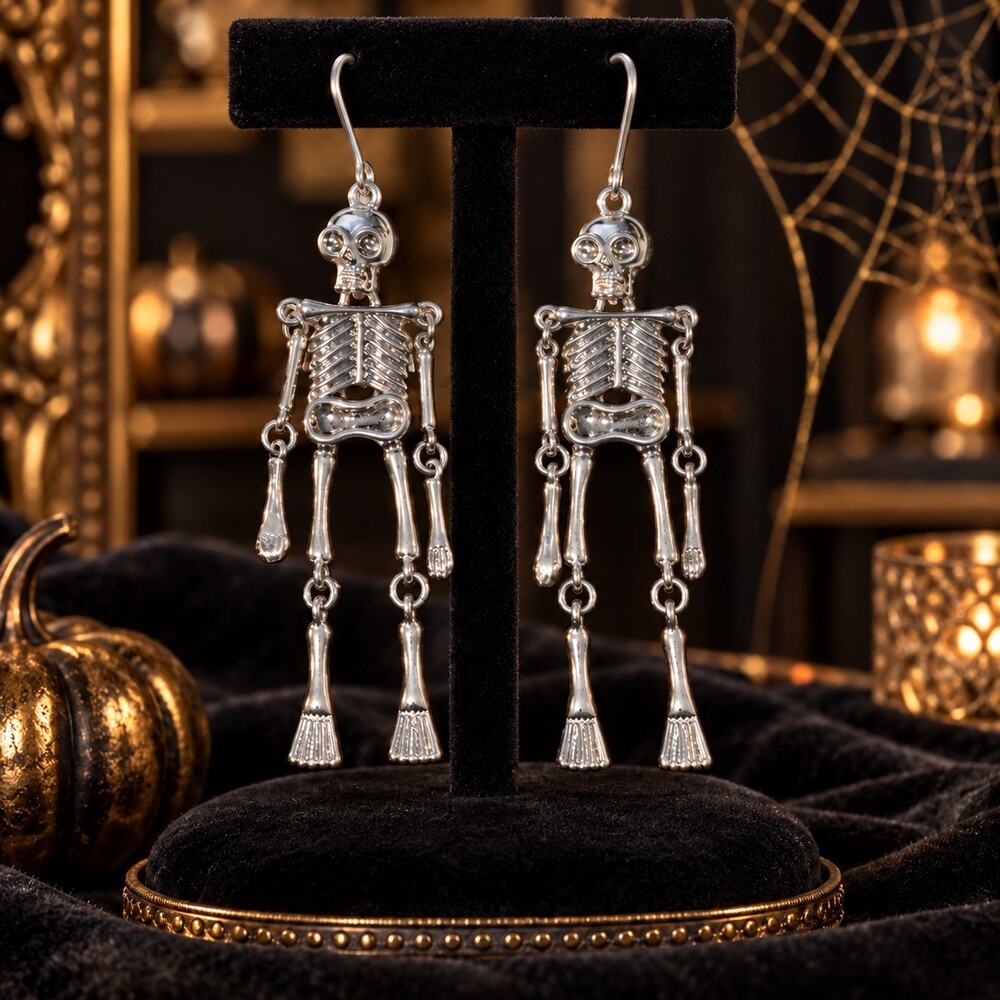 Leith Halloween Skeleton Earrings Silver Tone Articulated 3” Dangle NWT